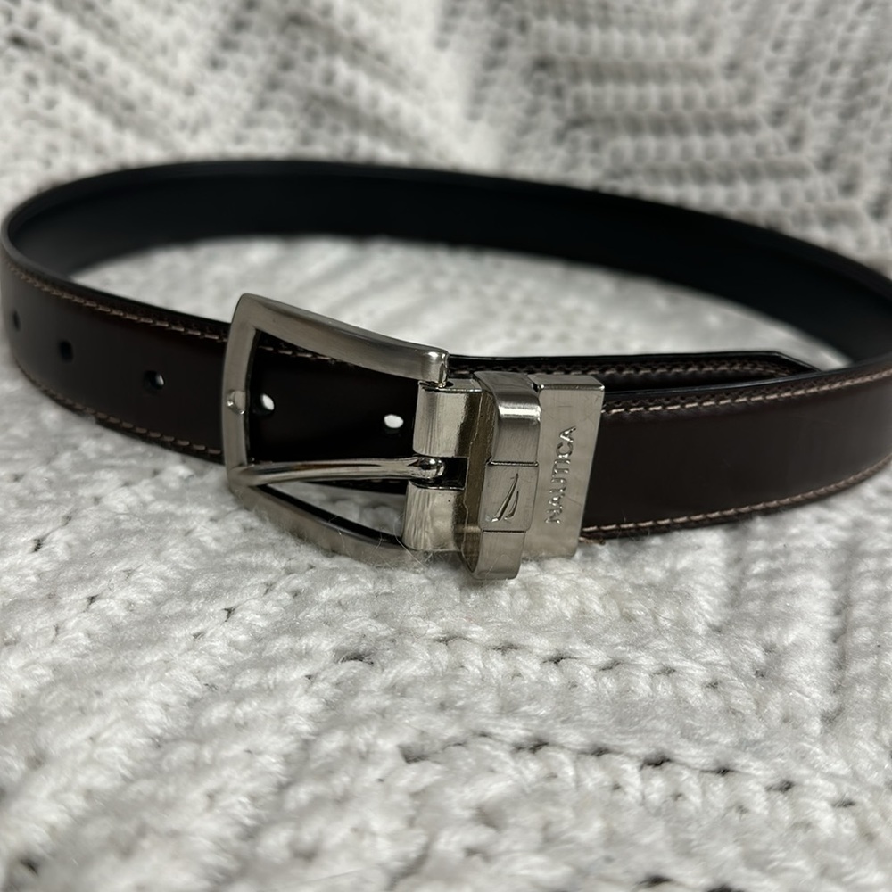 Nautica dark brown faux leather, metal buckle belt, dress or casual wear.